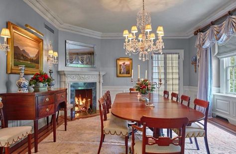 Splendor in the South ™️ (@splendorinthesouth) • Instagram photos and videos Dining Room Blue Walls, Room Blue Walls, Colonial Renovation, Colonial Dining Room, Dream Dining Room, Dining Room Fireplace, Traditional Dining Rooms, Dining Room Blue, Southern Living Homes