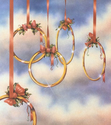 The Twelve Days of Christmas ~ 5 Golden Rings [hanging from red ribbon w/holly] Five Golden Rings Ideas, 5 Gold Rings 12 Days Of Christmas, 5 Golden Rings Christmas Ideas, 5 Golden Rings, 5 Gold Rings, Five Gold Rings, Banners Ideas, Five Golden Rings, Christmas Luncheon