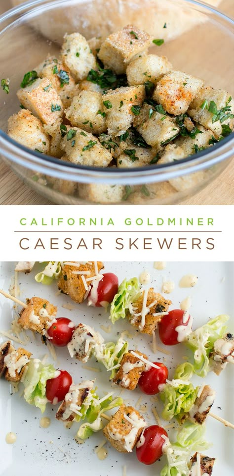 Caesar Salad Skewers, Salad Skewers Appetizers, Food On Skewers, Salad Sticks, Salad Kabobs, Salad On A Stick, Sourdough Croutons, Salad Skewers, Seasoned Bread