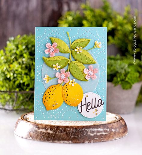 Spellbinders Lemon Zest Cards, Lemon Cards Handmade, Lemon Cards Ideas, Lemon Card, Stitch Background, Fruit Cards, Spellbinders Dies, Die Cut Card, Fruit Berries