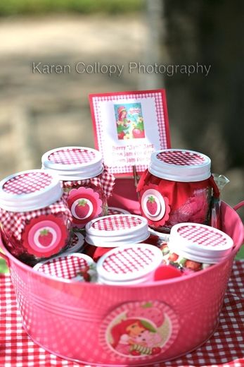 Bailey's Birthday Strawberry Shortcake Party Supplies, Strawberry Shortcake Party Favors, Jar Of Jam, Strawberry Shortcake Birthday, Strawberry Shortcake Party, Girly Party, Strawberry Baby, Strawberry Party, Baby Food Jars