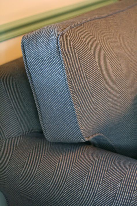 Custom Slipcovers by Shelley: Navy/Tan Herringbone Couch Slipcover Couch Fabrics Upholstery, Upholstered Chairs Diy, Reupholster Chair Dining, Couch Slipcover, Custom Slipcovers, Upholstery Ideas, Rustic Living Room Furniture, Reupholster Chair, Slip Covers