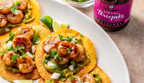 Takumi Shrimp Tostadas, Gyoza Dipping Sauce, Seafood Cakes, Kikkoman Recipes, Chicken Avocado Wrap, Shrimp Tostadas, Asian Shrimp, Meat And Veggies, Avocado Wrap