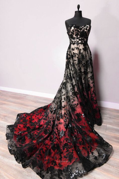 Black Red Ombre Wedding Dress, Black Red Wedding Dress, Black Wedding Dresses Lace, Black And Red Wedding Dress, Red And Black Clothes, Red And Black Wedding Dress, Dark Red Wedding Dress, Dark Wedding Dress, Halloween Wedding Dress