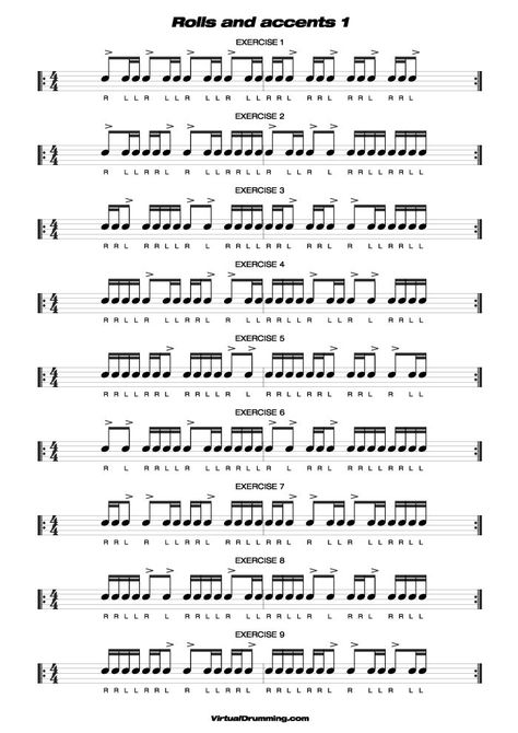 Drum sheet music lesson Rolls and accents 1 Drum Rudiments, Marching Snare Drum, Drum Practice, Drum Notes, Learn Drums, Writing Songs Inspiration, Drum Tuning, Percussion Music, Music Theory Lessons