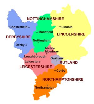 East Midlands map: Lincolnshire, Nottinghamshire, Derbyshire, Leicestershire, Northamptonshire, Rutland East Midlands England, Lincoln England, Midlands England, Map Of Great Britain, Irish Country, England Map, West Midlands, Nottingham, Country Cottage