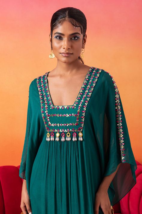 Buy Green Chiffon Hand Embroidered Resham Thread Square Neck Kaftan For Women by Seema Thukral Online at Aza Fashions. Seema Thukral, Green Kaftan, Kaftan For Women, Trendy Outfits Indian, Heavy Dresses, Happy Dresses, Designer Kurti Patterns, Kurti Patterns, Long Kurti Designs