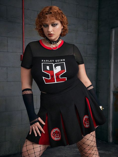 Harley Quinn X SHEIN Plus Size Dark Cool Tight Knit Letter Print Color Block Top & Pleated Skirt Two-Piece SetI discovered amazing products on SHEIN.com, come check them out! Y2k Street Style, Summer Halter Tops, Shein Plus Size, Dark Cool, Women Street, Lace Bodycon, Color Block Top, Casual Stripes, Petite Women