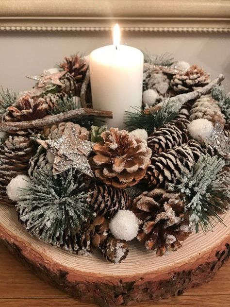 DIY Rustic Holiday Table Decor with Wood Cookes – Preservation Solutions Wood Slice Centrepiece, Wooden Christmas Table Decorations, Handmade Christmas Table Decorations, Kitchen Table Centerpieces For Home Christmas, Log Slice Centerpiece Christmas, Diy Christmas Centrepiece Ideas, Xmas Crafts Wreaths & Garlands, Christmas Wreaths Table, Christmas Decor Ideas With Pine Cones