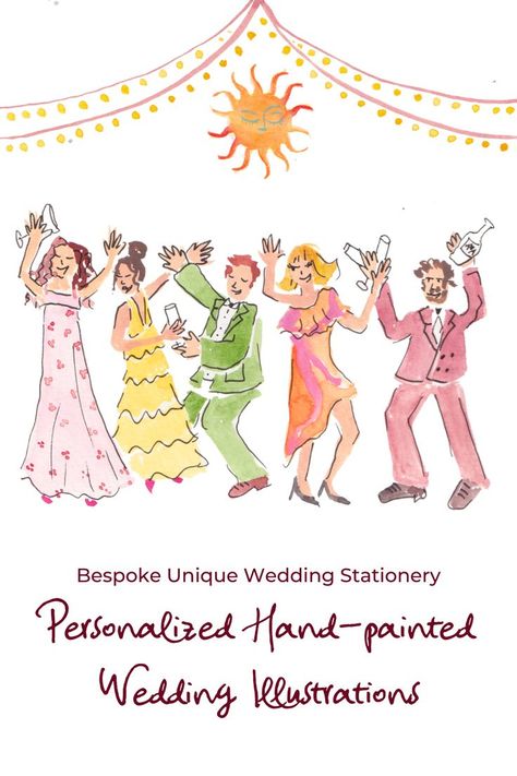 Personalized Handpainted Fun Colorful Wedding Illustration by Ofelia Botella Studio Fun Colorful Wedding, Custom Illustrated Wedding Invitations, Wedding Illustrations, Custom Couple Illustration, Illustrated Wedding Invitations, Wedding Website Design, Unique Wedding Stationery, Colorful Wedding Invitations, Illustration Studio