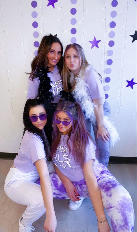 Girls tour bid day theme #sorority Purple Day Spirit Week, Purple Bid Day Theme, Purple Color Wars Outfit, Purple Out Outfits Spirit Week, Purple And Gold Spirit Day Outfits, Purple Spirit Day Outfits, Purple Bid Day, Color Wars Spirit Week, Turtle Cup