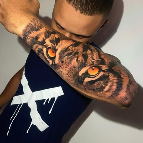 Cute Tiger Tattoo, Tiger Forearm Tattoo, Cloud Tattoo Sleeve, Tiger Eyes Tattoo, Arm Tattoos Black, Leopard Eyes, Indian Feather Tattoos, Forearm Tattoo Quotes, Animal Sleeve Tattoo