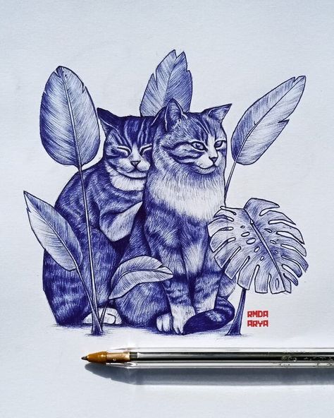 Realistic Ink Animals Drawing Ink Animals, Cat Friends, Ballpoint Pen Art, Animals Drawing, Pen Art Work, Blue Pen, Pen Drawings, Art Drawings Sketches Pencil, Art Theme