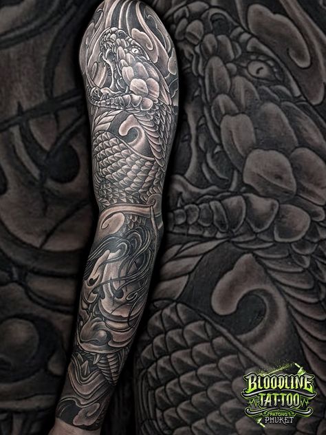 Snake Bicep Tattoo, Tattoo Arm Wrap, Snake Tattoo Arm, Bloodline Tattoo, Full Arm Sleeve, Arm Wrap Tattoo, Bicep Tattoo Men, Japanese Tattoos For Men, Bookings Available