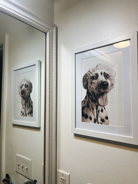 Bathroom Photo Ideas Wall Art, Bathroom Photo Decor, Dog Bathroom Wall Art, Dog Bath Photoshoot, Dog Bathroom Pictures Diy, Pet Bathroom Photos, Photos For Bathroom Wall, Dogs Pooping Bathroom Decor, Dog Theme Bathroom