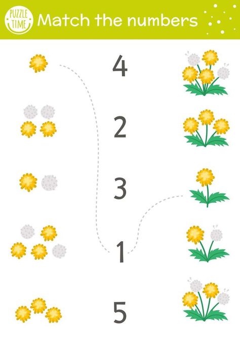 Easter matching game with spring flowers. Holiday math activity for preschool children with dandelions. Educational printable counting worksheet with cute funny elements for kids Math Activity For Preschool, Holiday Math Activities, Counting Worksheet, Activity For Preschool, Holiday Math, Counting Worksheets, Flower School, Numbers Preschool, Math Activity