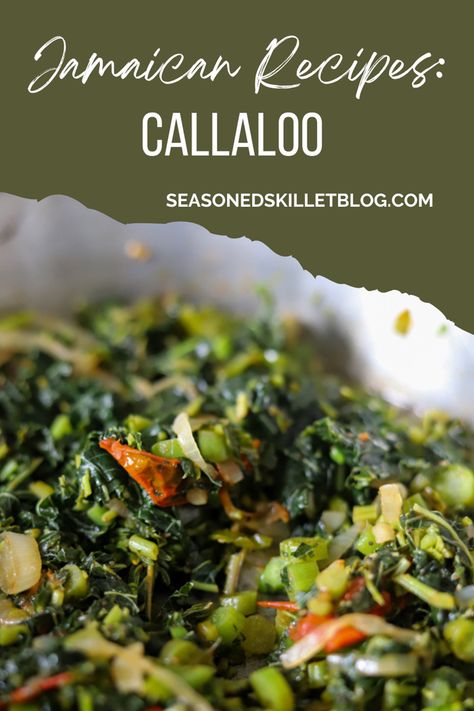 Jamaican Callaloo is a very nutrient rich, green leafy vegetable that is most commonly served for breakfast with saltfish and alongside many other classic Jamaican dishes. It’s made in a dutch pot, or sauté pan with onions, garlic, tomatoes, scotch bonnet pepper and is the perfect healthy start to your morning! Ackee And Callaloo, Jamaican Vegetable Recipes, Carribean Vegetables, Jamaican Side Dishes Vegetables, Scotch Bonnet Pepper Recipes, Jamaican Vegetables, Callaloo Jamaican, Jamaican Side Dishes, Jamaican Sides