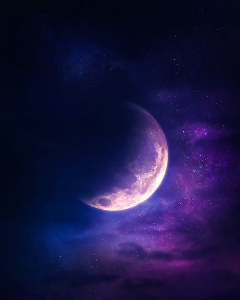 Sky And Moon Aesthetic, Half Moon Wallpaper, Purple Crescent Moon, Projector Photography, Moon Artwork, Moon Photo, Purple Moon, Galaxy Images, Moon Images