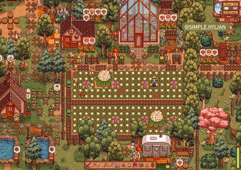 Stardew Valley Classic Farm Layout, Stardew Valley Space Filler, Stardew Valley Aesthetic Farm, Stardew Valley Halloween, Stardew Valley Farm Layout 4 Corners, Stardew Valley Farmhouse, Aesthetic Stardew Valley, Stardew Design, Farms Design