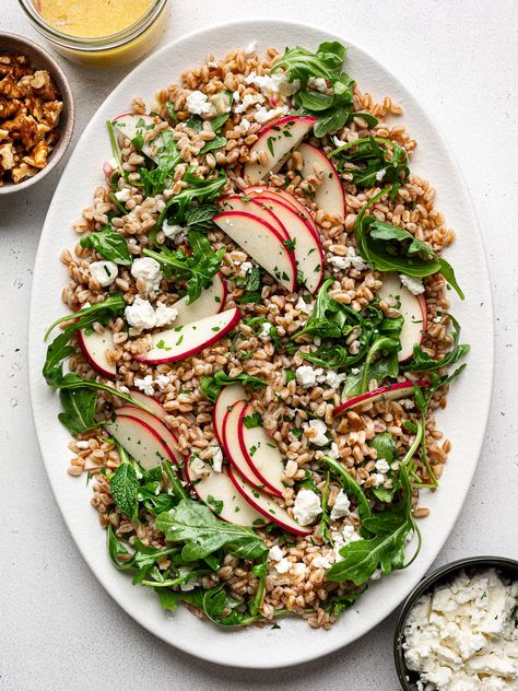 Farro Arugula Salad Tomato Farro, Farro Salad, Honey Mustard Dressing, Baby Arugula, Arugula Salad, Honey Lemon, Apple Slices, Honey Mustard, Arugula