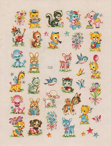 Mini Adorable Animal Decals, via Flickr.- I so had some of these on my dresser growing up Animal Decals, Photo Charms, Vintage Nursery, Vintage Kitsch, Beltane, Animal Stickers, Vintage Greeting Cards, Fantasy Illustration, Vintage Pictures