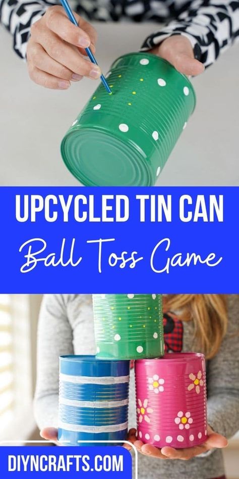 This fun upcycled tin can ball toss game is a great easy kids craft perfect for summertime fun! Tons of fun game ideas with this craft! Make your own DIY ball toss game using simple items you already have on hand! Tin Can Alley Game Diy, Bean Bag Toss Game Diy, Toss Game Diy, Ball Toss Game, Fun Game Ideas, Light Pink Paint, Tin Can Alley, Game Diy, Bean Bag Toss Game