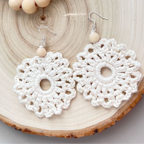 Boho Floral Beaded Crochet Handmade Chic Earrings These Boho Crochet Floral Earrings Are Perfect To Pair With Any Outfit At Anytime Of The Year! These Are Handmade, Unique, Cute, Lightweight And Very Comfortable To Wear! Handmade By Me 100% Cotton Aran. Light Champagne Color. The Wooden Beads Are Made Of 100% High Quality Wood Ear Posts Are Hypoallergenic Stainless Steel. Size: Measurements Approximately Eardrop Height: 3” Eardrop Width: 2 1/2” Please Notice That This Item Is Carefully Hand-Craf Boho Crochet Earrings, Crochet Boho Earrings, Wooden Bead Earrings, Laser Cut Wood Earrings, Beaded Crochet, Chic Earrings, Handmade Wire Wrapped, Crochet Stuff, Wire Wrapped Earrings