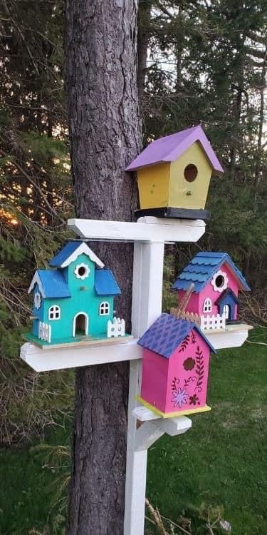 Bird Houses On Posts Ideas, Bird House Village Backyards, Bird House Village, Bird House Stands Diy Ideas, Bird Houses Diy Easy, Diy Birdhouse Easy, Birdhouses In The Garden, Porch Flower Bed, Whimsical Bird Houses