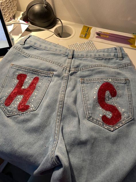 Harry Styles H S Pants, Hs Pants Harry Styles, Diy Rhinestone Pants, Harry Styles Concert Outfit 2023, Harry Styles Pants Diy, Diy Harry Styles Outfits, Harry Styles Hs Pants, Harry Styles Denim Outfit, Harry Styles Trousers