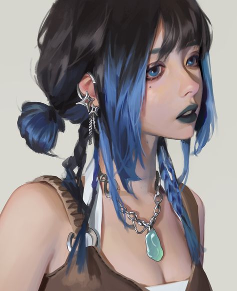 Braids Drawing, Mole Under Eye, Anime Blue Hair, Two Tone Hair, Two Toned Hair, Portrait Jewelry, Gradient Hair, Blue Haired Girl, Blue Drawings