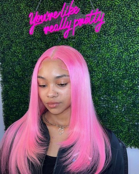 Pink Wig With Layers, Middle Part Pink Wig, Pink Wig Styles For Black Women, Pink Layered Hair, Pink Bob Wig, Dolly Hair, Convention Cosplay, Pink Hairstyles, Two Ponytail Hairstyles