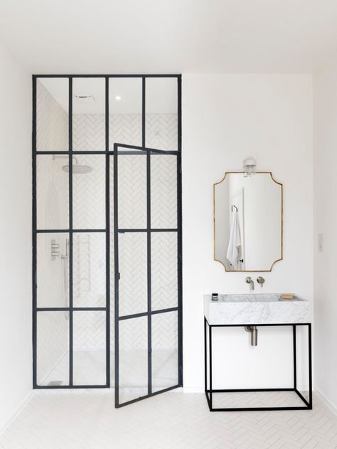 Black Glass Door, Staircase Window, Steel Frame Doors, Framed Shower Door, Iron Door Design, Luxury Master Bathrooms, Modern Staircase, Stair Storage, Minimalist Architecture