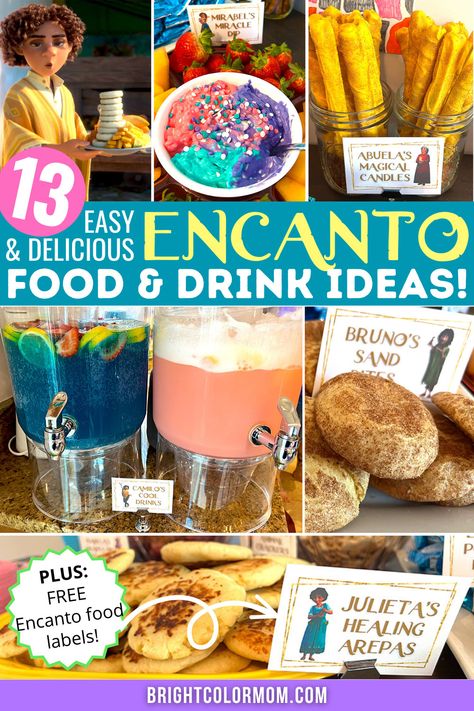 a collage of various Encanto-inspired foods with the text "13 easy & delicious Encanto food & drink ideas!" Disney Encanto Recipes, Stitch Inspired Food, Encanto Inspired Food, Encanto Themed Drinks, Encanto Themed Movie Night, Mirabel Encanto Birthday Ideas, Encanto Menu Ideas, Encanto Themed Party Food, Encanto Birthday Party Ideas Food