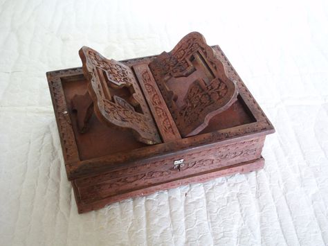 REHAL Quran holder BOOK reading STAND storage box, Intricate design, handmade wooden carving vintage wood. Islamic holy Qur'an Koran rihal by cabinetocurios on Etsy https://www.etsy.com/listing/237368808/rehal-quran-holder-book-reading-stand Bible Stand Wooden Diy, Quran Stand, Bible Boxes Wooden, Bible Stand Wooden, Resin Quran Holder, Arabian Decor, Sofa Table Design, Box Patterns, Diy Wood Projects Furniture