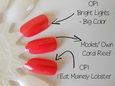 comparison OPI I Eat Mainely Lobster , opi Bright Lights - Big Color I Eat Mainly Lobster Opi, Opi I Eat Mainely Lobster, Shellac Colours, Coral Nail, Coral Nail Polish, Shellac Colors, Red Gel Nails, Nail Swatches, Red Manicure