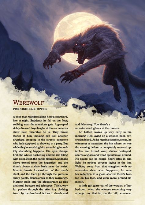 Werewolf Prestige Class (multiclass from 5th level character) — DnD 5e Homebrew Werewolf Mythology, Werewolf Aesthetic, Dnd Races, Dnd 5e Homebrew, Legends And Myths, Werewolf Art, Vampires And Werewolves, Dnd Monsters, Dungeons And Dragons Homebrew