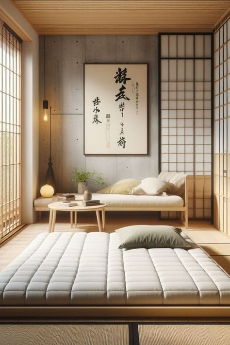 A serene Japanese-style bedroom with tatami flooring, shoji doors, and minimalist decor. Japanese French Interior Design, Modern Japanese Apartment Interior, Japan Hotel Room, Tatami Room Modern, 3x4 Bedroom Design, Japanese Foyer, Japanese Interior Design Small Spaces, Japanese Style Office, Modern Japanese Apartment