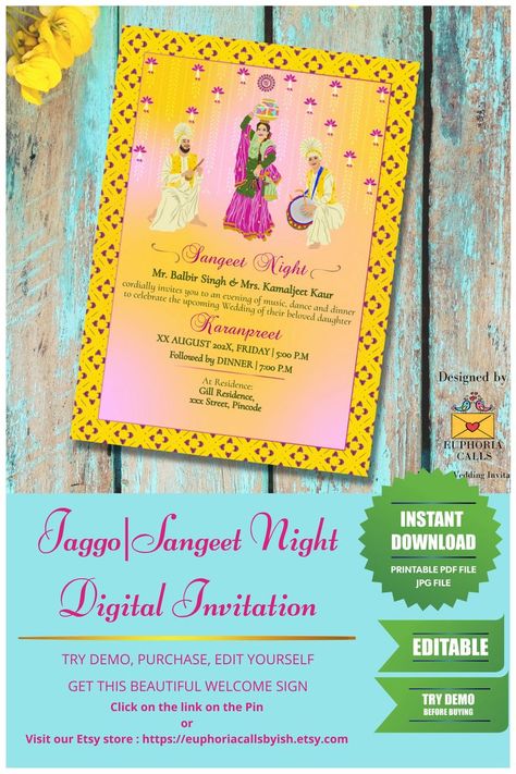 Wedding Digital Invitations, Jaggo Night, Sikh Wedding Invitation, Sangeet Night, Ladies Sangeet, Party Vibe, Digital Wedding Invitations, Sikh Wedding, Invitation Wording