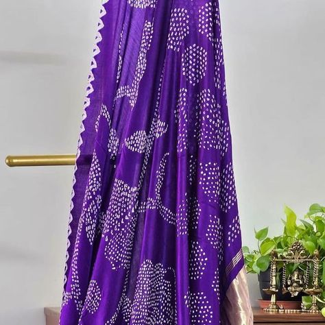 Kapaas Katha - Handloom and Handcrafted Clothing on Instagram: "INR 20500 A super stylish pure Gajji silk bandhani saree. The saree comes with an unstitched blouse piece. Colour: Shade of purple For details and purchase options please dm us directly or WhatsApp on +91 89209 18425 . . Please note there may be variations in colors due to photography lights and the device used for viewing. This piece has hand tied bandhani and dyed manually and may have slight irregularities that are a natural out Gajji Silk Bandhani Saree, Shade Of Purple, Bandhani Saree, Shades Of Purple, Light Photography, Blouse Piece, Block Print, Saree, Dye