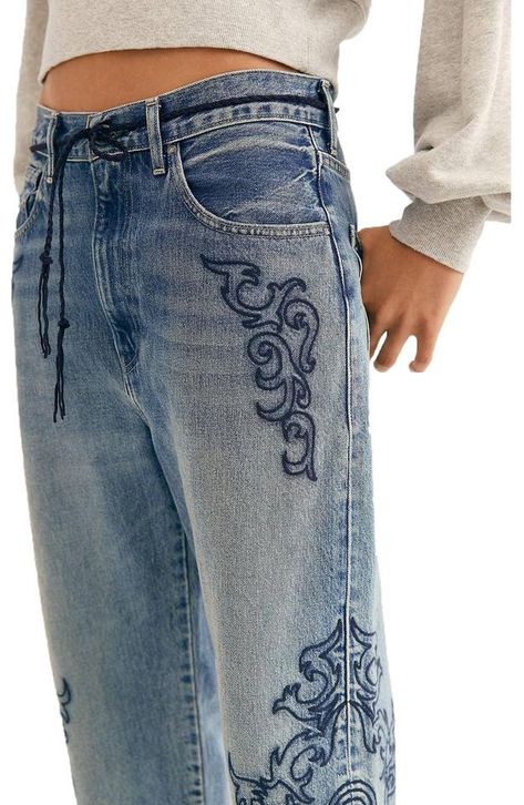 New Free People LMC Embroidered Barrel Jeans LEVI'S MADE & CRAFTED Retail $228 SIZE 27 Beautifully embroidered mid-rise jeans from Levi's featuring rope-string waist tie in a slouchy silhouette. Button closure with zip fly Five pocket design Cropped at ankle 100% Cotton Machine Wash Cold Inside Out Import Measurements for size 27 Inseam: 23.5 in Waist: 29 in Hips: 40 in Rise: 12.5 in New without tags. Brand label cut to prevent retail store return. FPJ-275002713328-TT  |  Tradesy is the lead Custom Jeans Diy, Custom Jeans, Jean Vintage, Kleidung Diy, Painted Jeans, Denim Diy, Ropa Diy, Painted Clothes, Jeans Mom