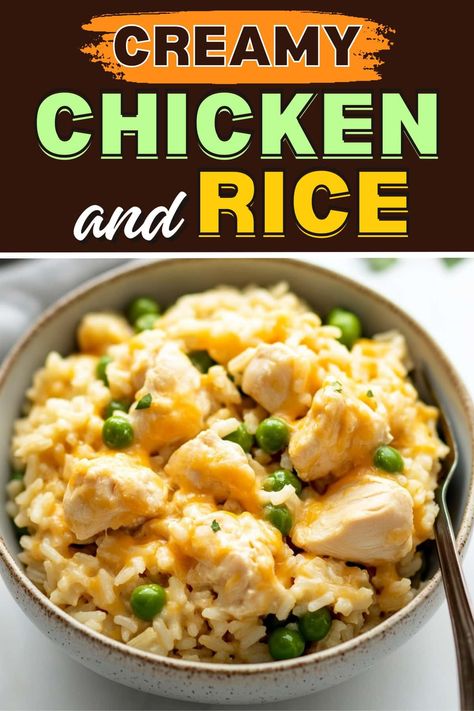 This one-pan creamy chicken and rice is easy, satisfying, and delicious! With tender chicken and rice coated in a luscious cheese sauce, it'll disappear fast! Chicken Recipes For Two Easy, Chicken Bullion Rice, Simple Rice Dishes Dinners, Rice And Chicken Breast Recipes, Chicken And Rice Meals Easy, Leftover Chicken And Rice Recipes, Canned Chicken And Rice, Recipes With Chicken And Rice, Chicken And Rice Diet