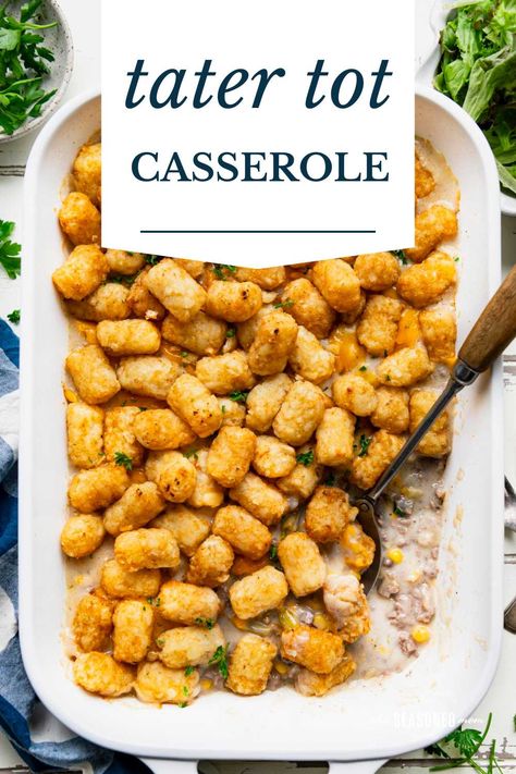 This tater tot casserole is a perfect family-friendly, easy dinner for busy nights! The cozy, one-dish meal includes ground beef, green beans, and corn in a creamy gravy, topped with a layer of melted cheddar cheese, and finished with crispy potatoes. Ground Beef Green Beans, Beef Green Beans, Green Beans And Corn, Dinner For Busy Nights, Baked Green Beans, Beans And Corn, Tator Tots, Tot Casserole, Tater Tot Casserole