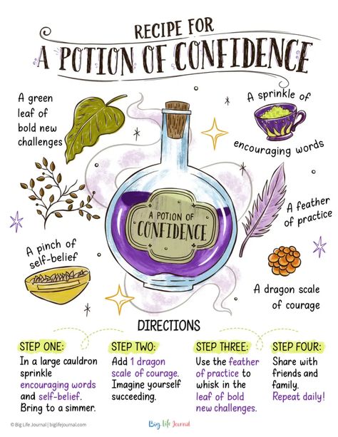 Recipe for a Potion of Confidence - Big Life Journal.pdf Fairy Potion Recipes, Potions Recipes Witchcraft, Potion Recipes, Potion Kit, Big Life Journal, Potions Recipes, Life Journal, Dragon Scale, Party Party