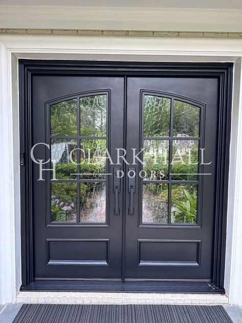 Black French Front Doors Entrance, Double Front Entry Doors Black, Double Front Doors With Glass Panels, Black Double Front Door, Iron Front Door Double, Double Front Door Ideas, Adu House, Gilbert House, Double Front Entry Doors