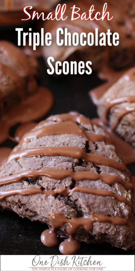 Triple Chocolate Scones are a chocolate-lover's dream! Made with cocoa powder and filled with chunks of rich, creamy chocolate. These buttery scones are topped with a velvety smooth chocolate glaze. Chocolate Scones Recipe, One Dish Kitchen, Recipe For 1, Chocolate Scones, Small Batch Baking, Paleo Baking, Single Serving Recipes, Dessert For Two, Mug Recipes