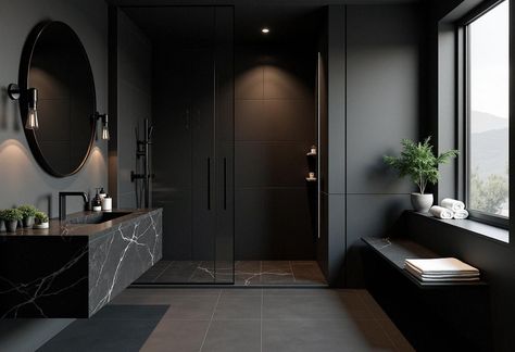 black bathroom decor Dark Bathroom Decor, Dark Modern Bathroom, Bedroom Attic Ideas, Black Bathroom Decor Ideas, Boys Space Bedroom, Farm Kitchen Decor, Girl Bathroom Decor, Dark Bathroom, Different Shades Of Black