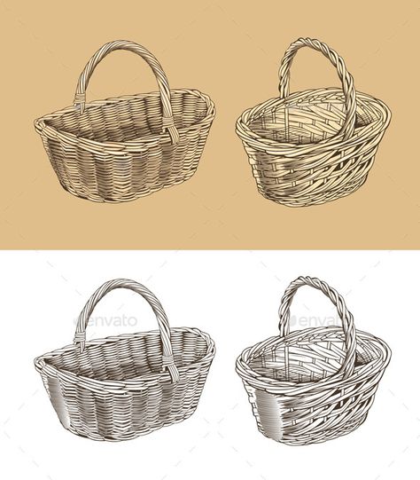 Basket Drawing Art, Basket Reference, How To Draw A Basket, Basket Sketch, Basket Illustration, Wicker Basket Drawing, Flower Basket Illustration, Sketchbook Assignments, Basket Drawing