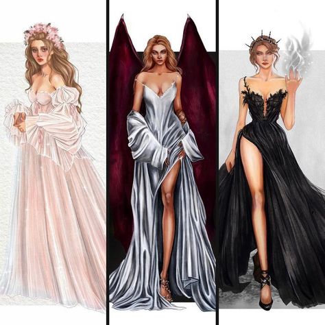 The Archeron Sisters Fanart, Acotar Feyre Dress, Feyre Under The Mountain Dress, Feyre Dress, Nesta Archeron Fanart, Feyre Under The Mountain, Archeron Sisters, Court Outfit, Celestial Dress