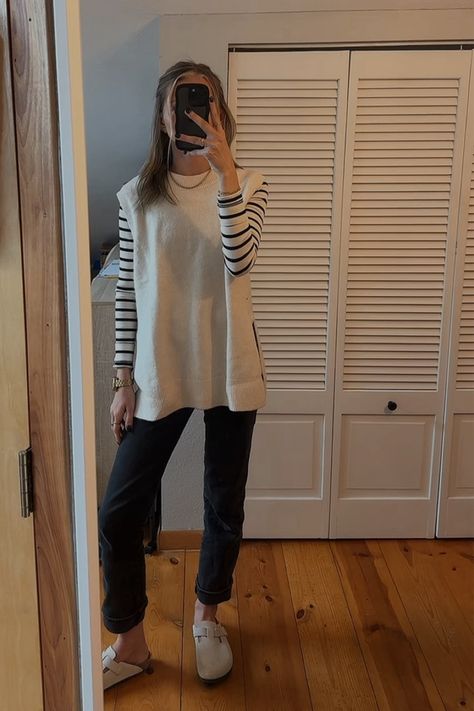 Sweater vest curated on LTK Sweater Vest And Long Sleeve, Tunic Sweater Vest Outfit, Sweater Vest Outfit Office, White Sleeveless Sweater Outfit, Long Wool Vest Outfit, T Shirt Under Sweater Outfit, Sweater Vest And Leggings, Striped Sweater Vest Outfit, Women’s Sweater Vest Outfit