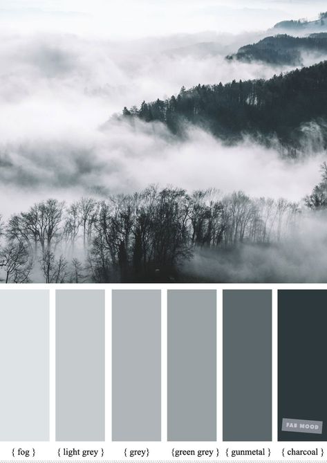 Foggy - Smokey color palette #color #colorpalette #grey Gray Palette Color, Gray Colour Palette, Gray Scheme, Gray Color Schemes, Grey Bedroom Colors, Shades Of Gray Color, Gray Palette, Navy Color Palette, Gris Color